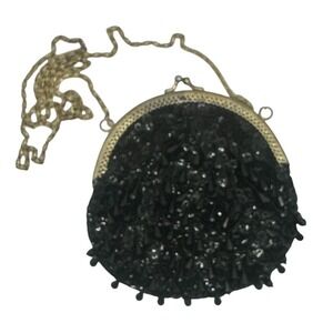 Vintage Black Beaded Sequin Clutch Kiss Lock Evening Bag